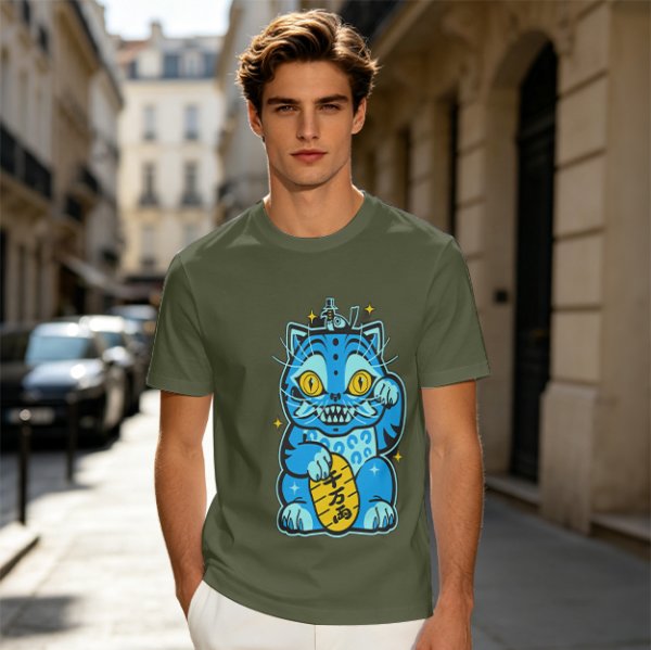 Olive T-Shirt With Blue Maneki-Neko Monster Graphic Print