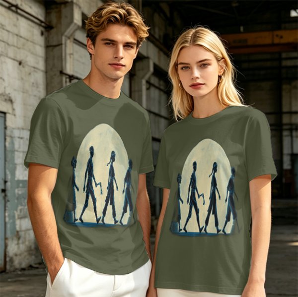 Olive T-shirt with Walking Silhouettes Under a Large Moon