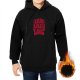Black hoodie with red metal font live laugh love graphic