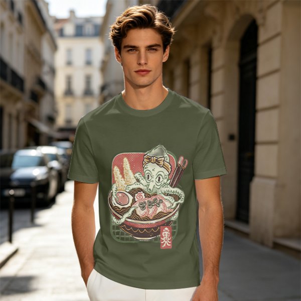 Olive T-Shirt With Octopus Chef In Ramen Bowl Graphic