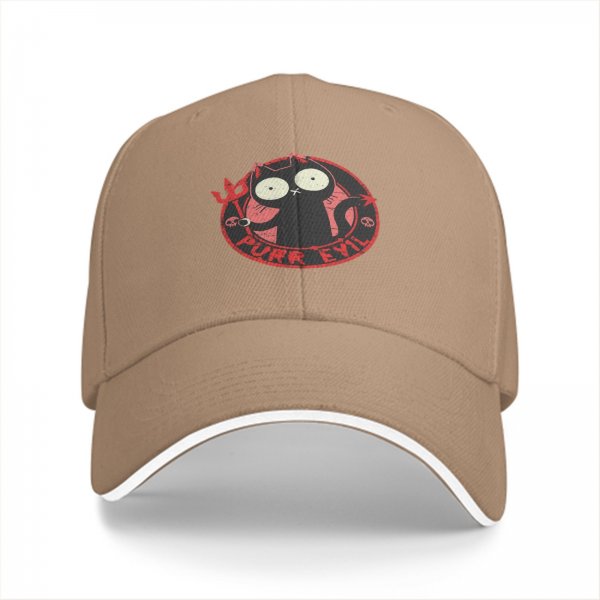 Black baseball cap with devil cat 'Purr Evil' graphic print