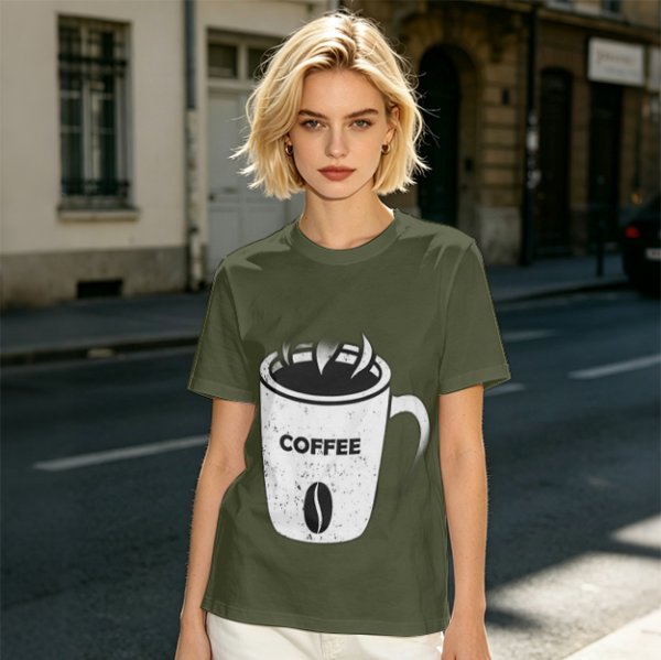 Olive Green T-Shirt With Coffee Mug Graphic Print
