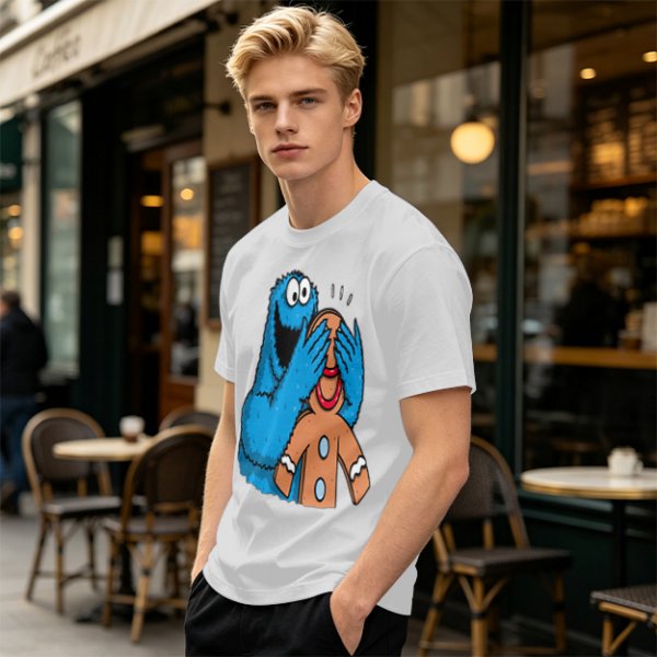 Olive T-shirt with Cookie Monster covering gingerbread man’s eyes