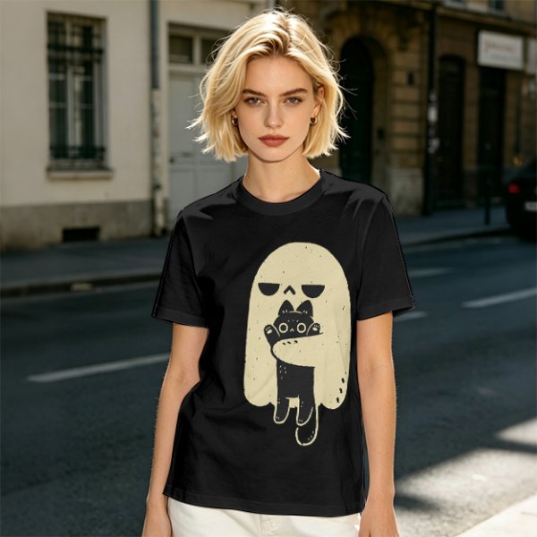 Olive T-Shirt With Ghost Holding Black Cat Graphic