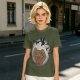 Olive T-shirt with a terrified gingerbread man and flying birds graphic