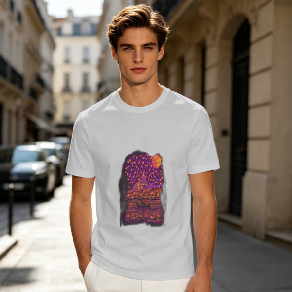 Olive T-Shirt with Purple Sunset Boat Scene Graphic