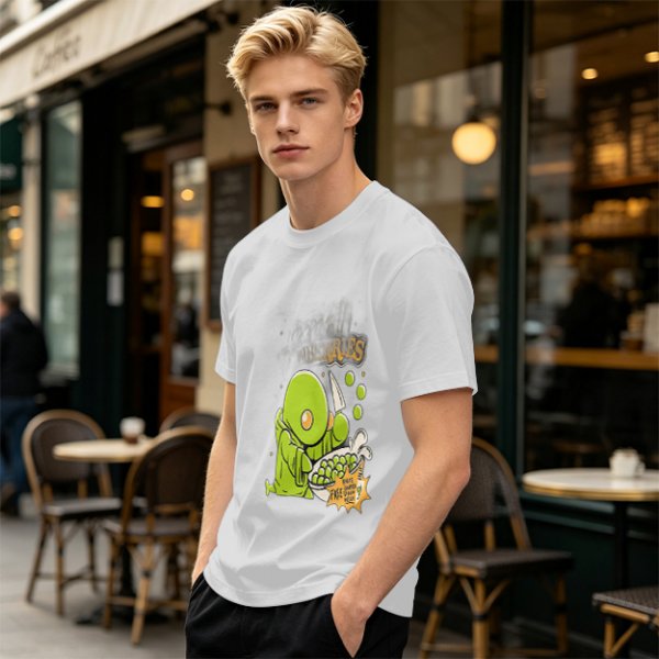 Olive Green T-Shirt With Cute Green Creature Preparing Peas Graphic