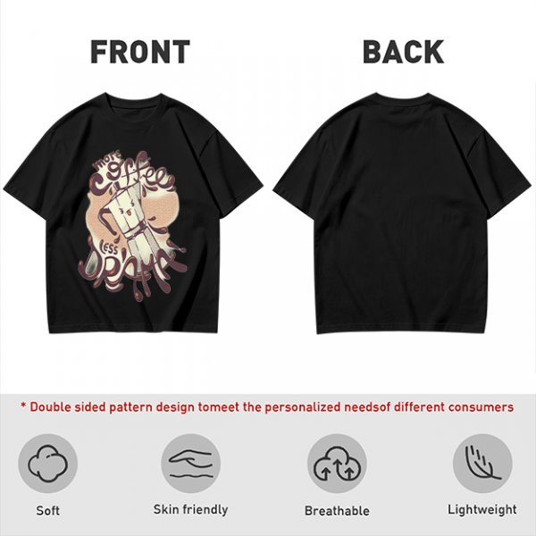 Olive t-shirt with 'More Coffee Less Drama' and moka pot graphic