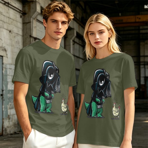 Olive T-shirt with cartoon dinosaur in Darth Vader helmet and chicken print