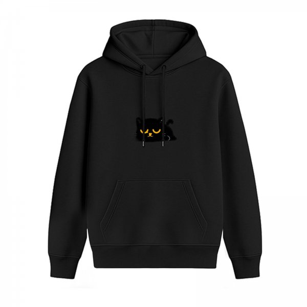 Black Hoodie with Cute Sleeping Black Cat Graphic
