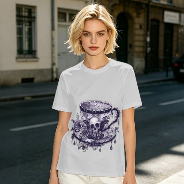 Olive T-shirt with Gothic Skull Teacup and Roses Print