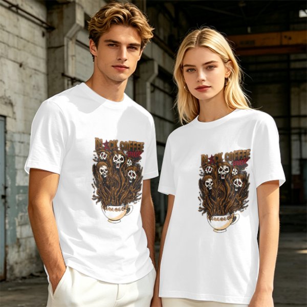 Black Coffee Skull Ghosts Graphic Olive Green T-Shirt