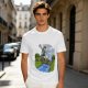 Olive T-shirt with Cartoon Boys Balancing on Log Over Stream