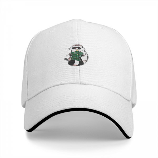 Black baseball cap with cute raccoon holding a decorated Christmas tree
