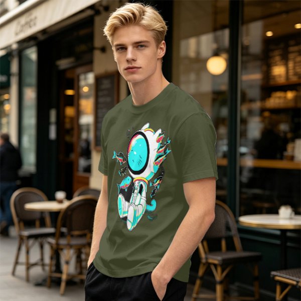 Olive T-Shirt with Astronaut Cat and Fish Graphic Print