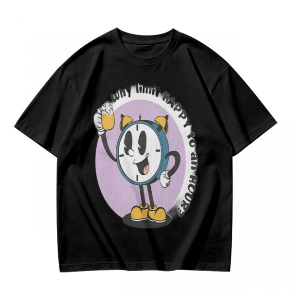 Olive T-Shirt With Cartoon Clock Holding Beer 'Happy Hour' Print