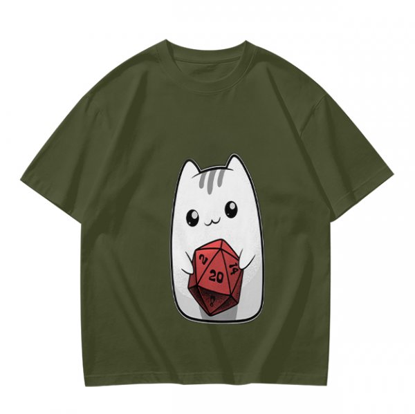 Olive T-Shirt With Cute White Cat Holding D20 Dice Print