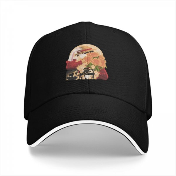Black Baseball Cap With Anime Straw Hat And Sunflower Print