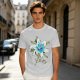 Olive Green T-Shirt with Watercolor Blue Lily Flower Print
