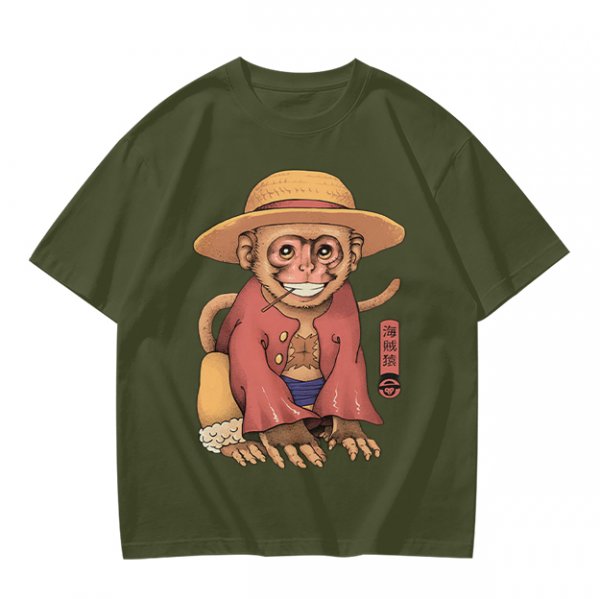 Olive T-Shirt With Monkey In Straw Hat Pirate Print
