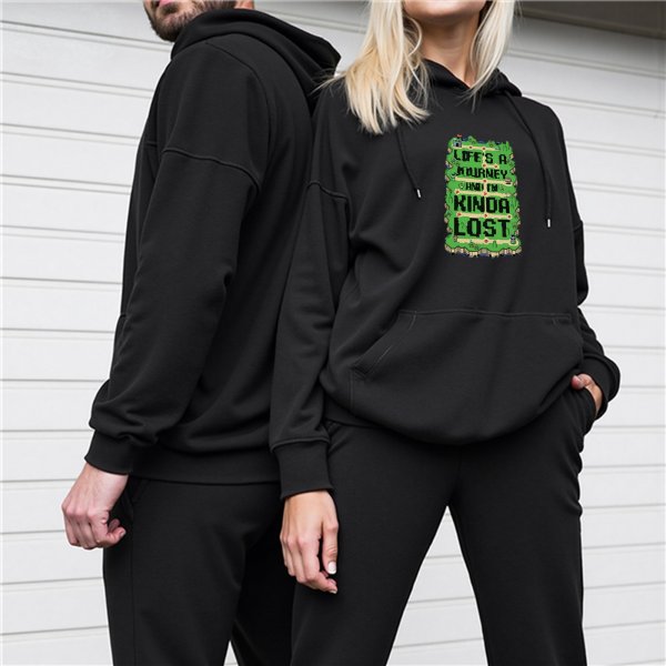Black hoodie with pixel art 'Life's a journey and it's kinda lost' print