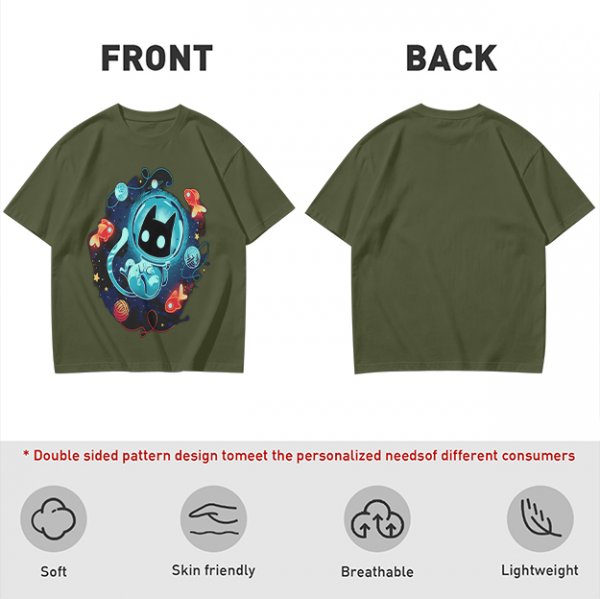 Olive t-shirt with space astronaut cat and goldfish graphic
