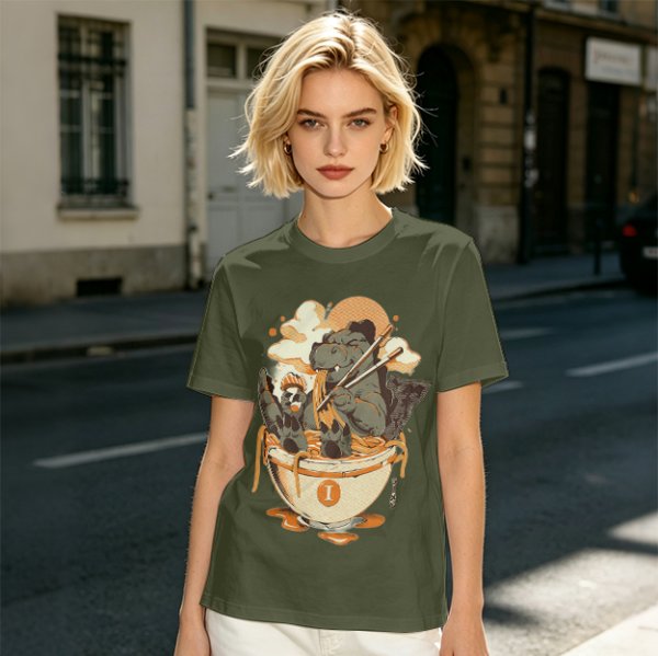 Olive T-Shirt Featuring Godzilla Eating Ramen Noodles