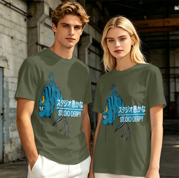 Olive Graphic T-Shirt with Blue Tiger and Studio Derpy Text
