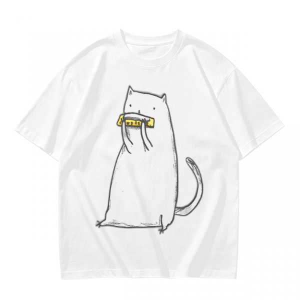 Olive T-Shirt With White Cat Playing Harmonica Graphic