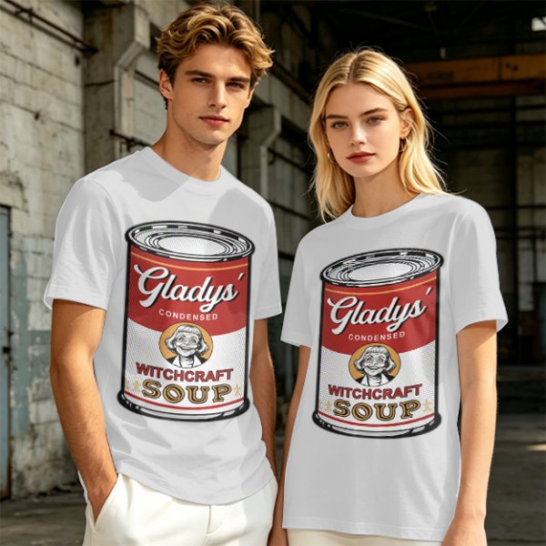 Olive T-Shirt With Gladys' Witchcraft Soup Can Graphic
