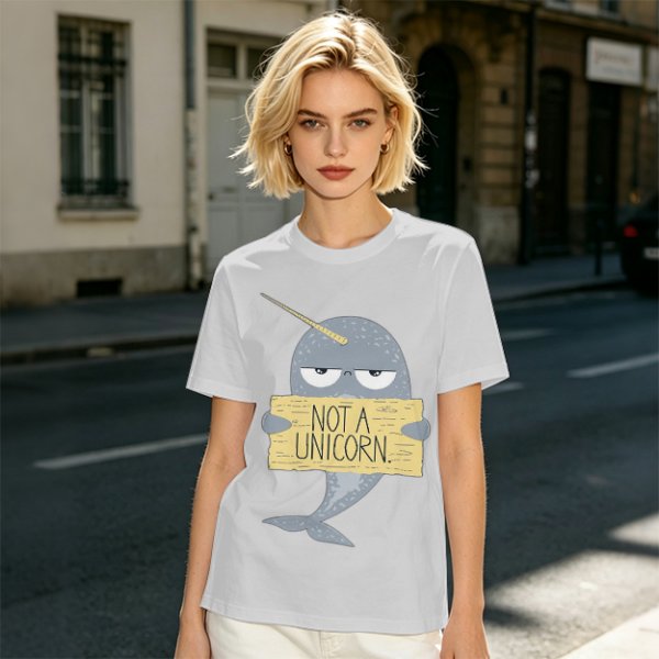 Olive T-Shirt With Grumpy Narwhal Holding Not A Unicorn Sign