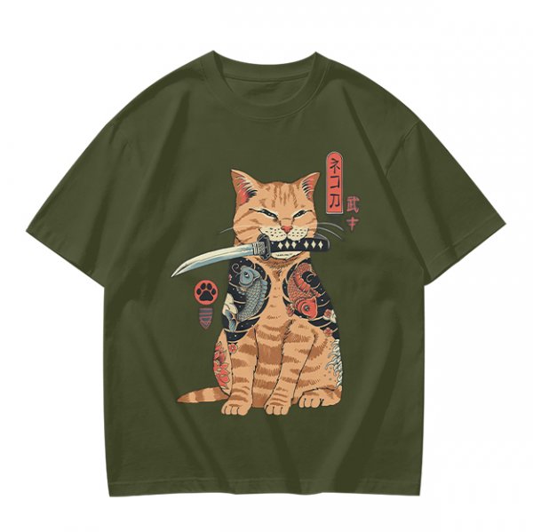 Olive T-Shirt With Samurai Cat Holding Katana And Koi Tattoos