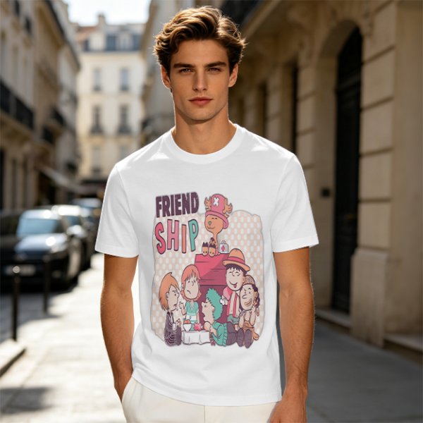 Olive T-Shirt with Friendship Themed Cartoon Crew Print