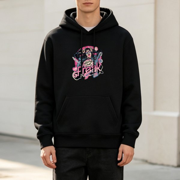 Black hoodie with 'The Freak' graphic print design