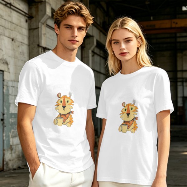 Olive Green T-Shirt with Cute Tiger Holding Coffee Mug Print