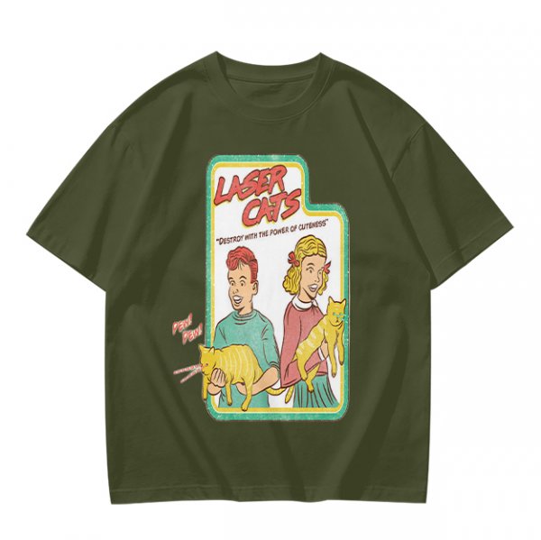 Olive graphic tee with Laser Cats retro comic print of kids holding laser cats