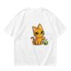 Olive T-shirt with mischievous orange cat knocking over green cup print