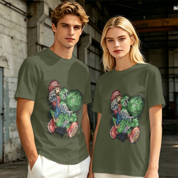Olive T-shirt with Mario and Yoshi artistic graphic print