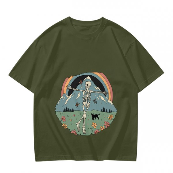 Olive T-shirt with Dancing Skeleton Mountain Rainbow Cat Graphic