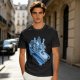 Olive T-shirt with retro blue cartoon car and characters graphic