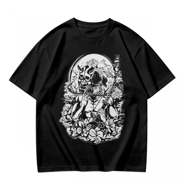 Oni Mask Samurai Floral Graphic Olive T-Shirt