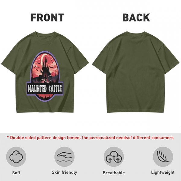 Olive T-Shirt with Haunted Castle Silhouette Graphic Design