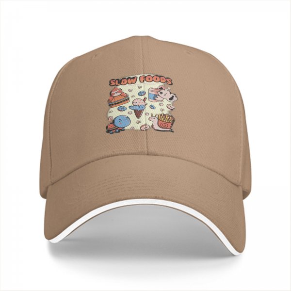 Black baseball cap with cute slow foods themed cartoon print