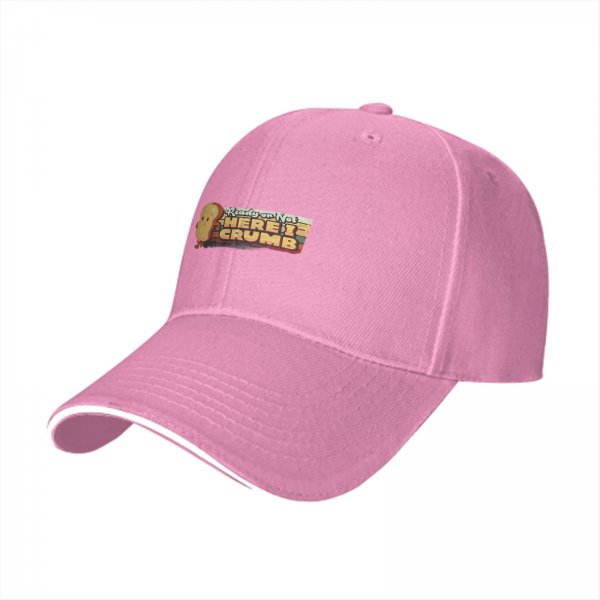 Black baseball cap with 'Here I Crumb' bread graphic print
