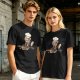 Olive T-shirt with a stressed cartoon cat baking cookies
