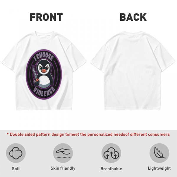 Olive t-shirt with angry penguin holding knife and I Choose Violence print