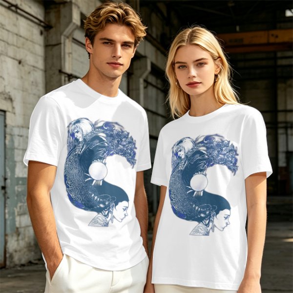 Olive T-Shirt With Two Facing Fantasy Figures And Orb Art Print