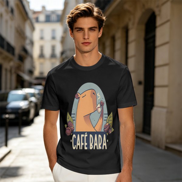 Olive t-shirt with capybara drinking coffee graphic