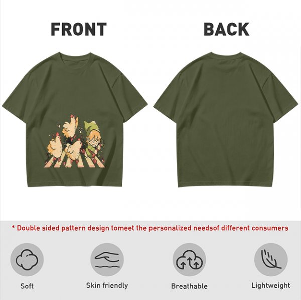 Olive Green T-Shirt With Chasing Chickens And Elf Character Print