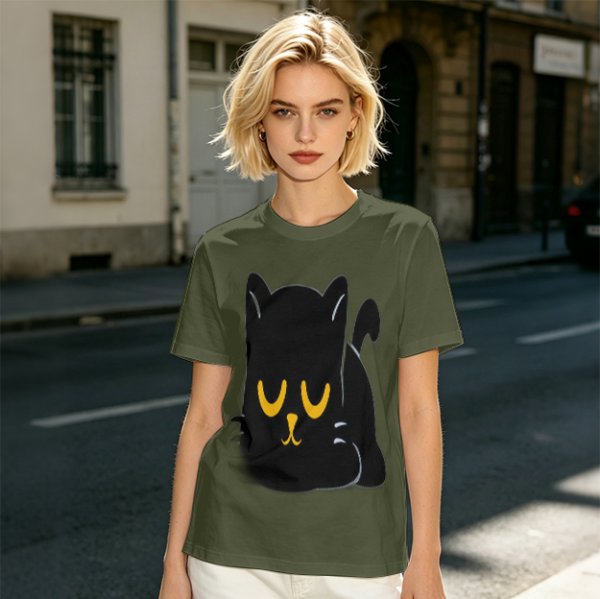 Olive T-Shirt with Relaxed Black Cat Graphic Design